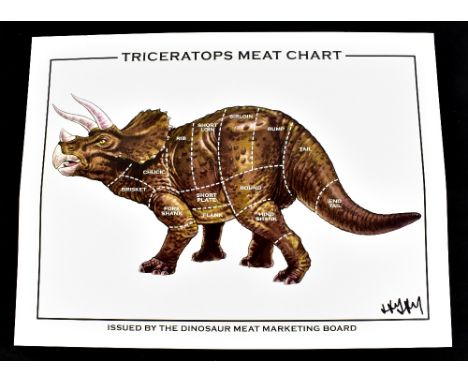 JAY JAY BURRIDGE (born 1971); a signed coloured print, 'Triceratops Meat Chart', 45.5 x 61cm, unframed.
