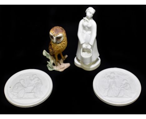 ROYAL COPENHAGEN; a Blanc de Chine figure of a girl holding a milk pail, height 18.5cm, together with two Royal Copenhagen Pa