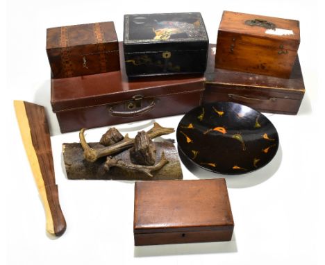 A 19th century inlaid walnut tea caddy, width 21cm, together with three further work boxes, a modern Oriental lacquered box, 