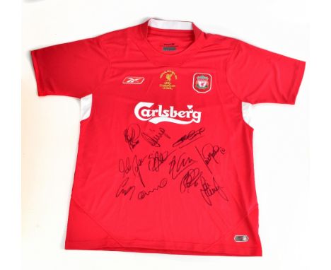 LIVERPOOL; a 2005 Liverpool home shirt, signed by Smicer, Dudek, Gerard, Luis Garcia, Hyypia, Hamann, Alonso, Riise, Carraghe