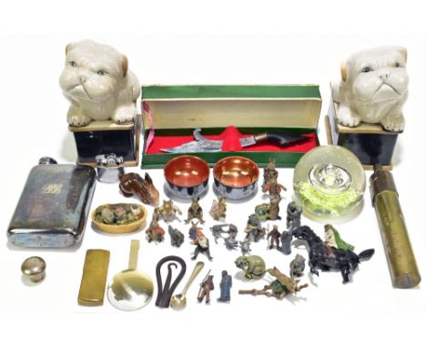 An assortment of collectors' items including a silver plated hip flask, Britains Little Children horseback and various other 