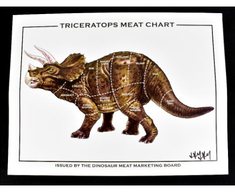 JAY JAY BURRIDGE (born 1971); a signed coloured print, 'Triceratops Meat Chart', 45.5 x 61cm, unframed.