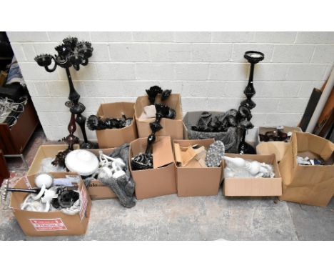 A huge quantity of Venetian and similar light fittings including elaborate standard lamps and light fittings in white opaque 