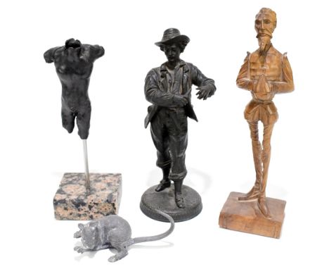 A contemporary composition model of a male torso, on marble base, unsigned, with a European carved softwood model of an Eliza