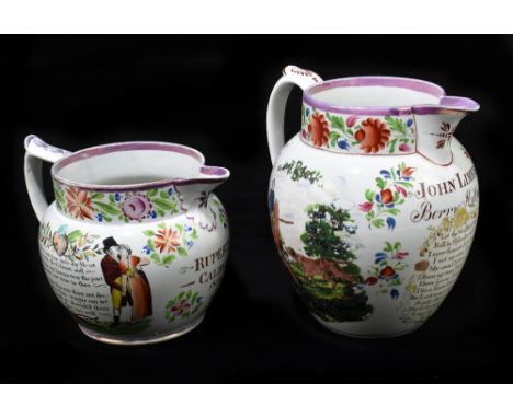 Two 19th century jugs of bulbous form including an example with a Masonic scene, inscribed 'Three Masons arms, the graces and