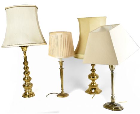 A modern brass table lamp, with knopped stem on hexagonal base, height 38cm, with a taller modern brass lamp with multi-knopp