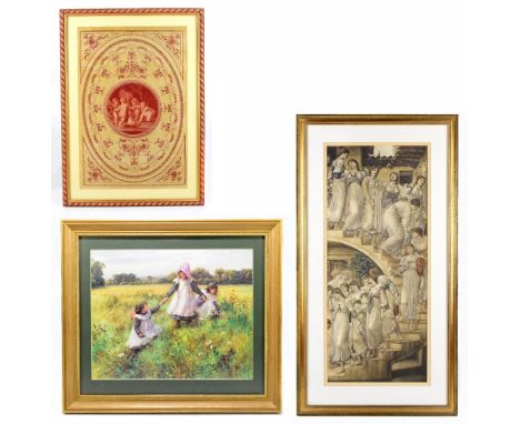 AFTER BARTOLOZZI; a printed silk panel decorated with cherubs around a fire, 48.5 x 34cm, framed and glazed, with a print aft