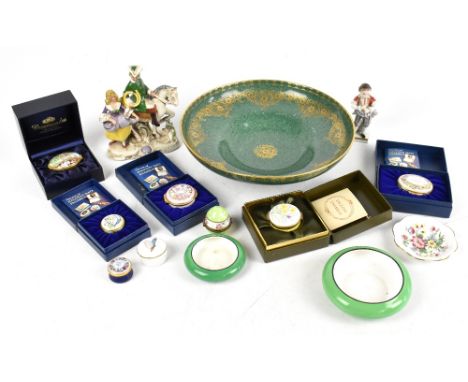 HALCYON DAYS; three enamel box in cardboard boxes, with a Crummles box, a further Crummles box and a Limoges egg shaped box a