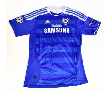 DROGBA; a 2012 Munich Final Adidas Chelsea home shirt, signed to the reverse, size XL.Additional InformationCreasing and ligh