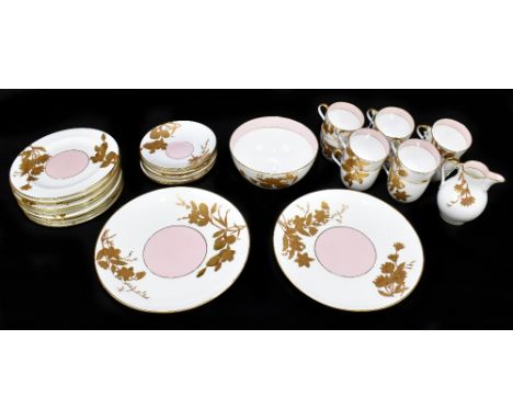 BROWN, WESTHEAD &amp; MOORE; a 19th century thirty-three piece part tea/dinner service, with gilded floral detail and salmon 
