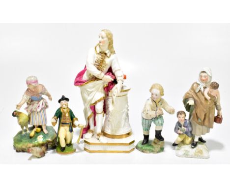 Five late 19th/early 20th century Continental porcelain and ceramic figures including a gentleman holding a letter whilst lea