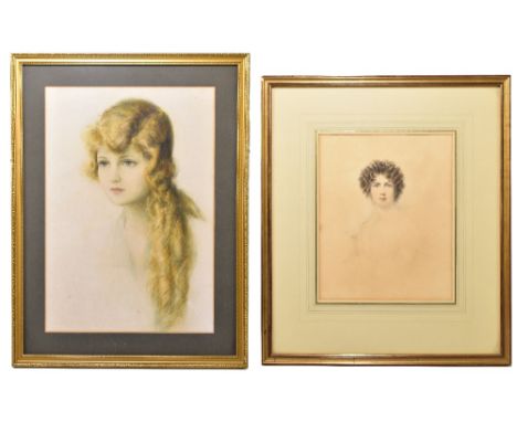 ATTRIBUTED TO THOMAS GEORGE; watercolour, portrait of Mrs Samuel Davis, 39.5 x 23.5cm, framed and glazed, with an early 20th 