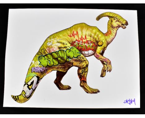 JAY JAY BURRIDGE (born 1971); a signed coloured print, 'Graffiti Dinosaur', 45.75 x 61cm, unframed.