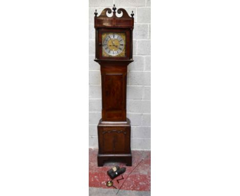 An early to mid 19th century oak and mahogany crossbanded eight day longcase clock, the broken swan neck pediment above brass