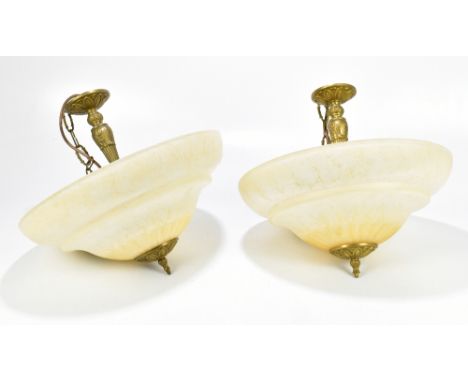 A pair of decorative frosted glass ceiling light fittings, with gilt metal mounts in the Rococo style, diameter 40cm (2).
