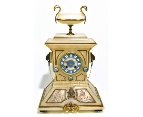 A late 19th century French white onyx and gilt metal mounted eight day mantel clock, with Roman numerals set to the enamelled