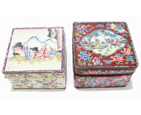 Two Chinese enamel trinket boxes of square form, including an example with ruyi-head shaped cartouche decorated with figures 