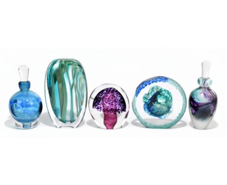 JANE CHARLES; four pieces of contemporary glassware including two perfume bottles and stoppers, height of larger example 20cm