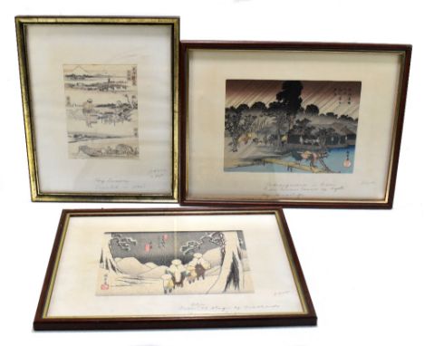 AFTER HIROSHIGE; a pair of coloured prints taken from the woodblock prints, each approx 16 x 22.5cm and a further Japanese pr