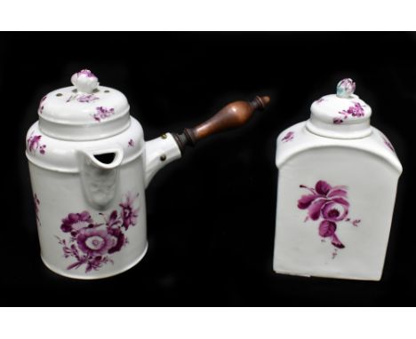 ATTRIBUTED TO FRUSTENBERG; an 18th century chocolatier with side handle, moulded spout and hand painted floral decoration, he