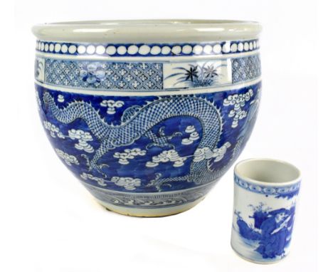 A large Chinese blue and white jardinière painted with a four claw dragon, unmarked, height 30cm, diameter 37cm and a 20th ce