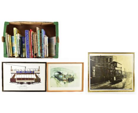 A collection of books on piers and the seaside, buses, trams, steam locomotives, and ferries, together with three decorative 