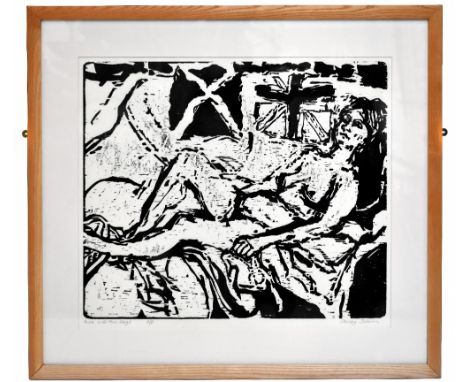 STANLEY DOBBIN (1932-2021): artist proof woodcut, "Nude with Two Flags", signed and titled in pencil 50cm x 60cm, framed and 