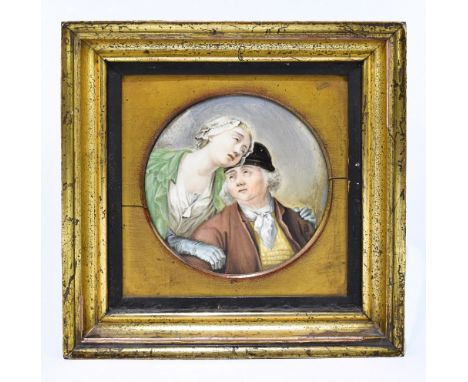 A 19th century hand painted ceramic tile, possibly by Milton Hollins, depicting an seated elderly couple, signed JS and dated