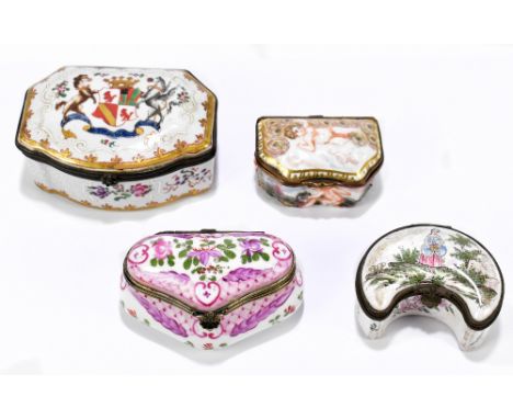 Four decorative ceramic trinket boxes and covers including a Capodimonte example with relief moulded decoration depicting che