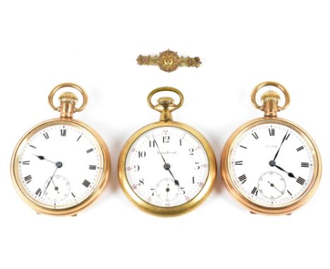 Three gold plated crown wind open face pocket watches, two with white enamel dial set with Roman numerals, the third with Ara