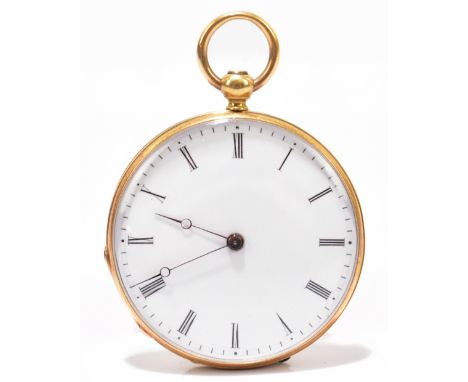 A Continental yellow metal key wind fob watch, the enamel dial with Roman numerals, the case numbered 79102, gross weight 23g