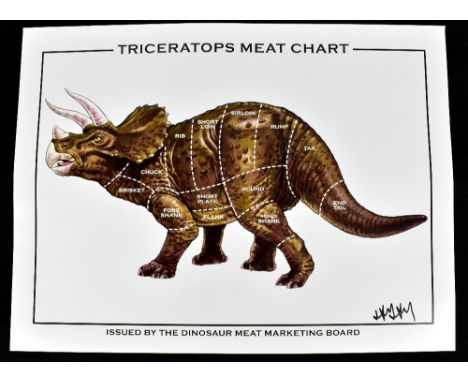 JAY JAY BURRIDGE (born 1971); a signed coloured print, 'Triceratops Meat Chart', 45.5 x 61cm, unframed.
