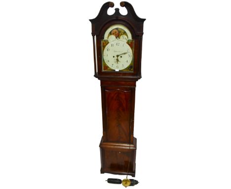 A 19th century mahogany cased longcase clock, the painted dial with moon phase subsidiary dial, the dial with Arabic numerals