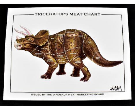 JAY JAY BURRIDGE (born 1971); a signed coloured print, 'Triceratops Meat Chart', 45.5 x 61cm, unframed.