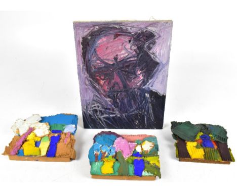 DAVID PEARSON; oil on canvas, self portrait, 33cm x 25.5cm, unframed, with three painted cardboard collages by Pearson (4). (