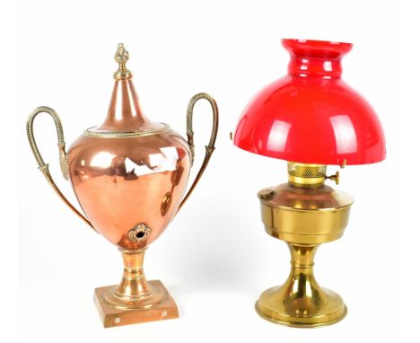 A brass oil lamp with red glass shade and a copper samovar (2)
