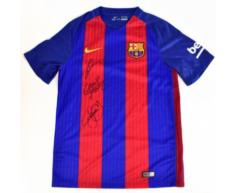 BARCELONA; a Barcelona Nike football shirt, signed by Messi, Suarez, Neymar, size S.Additional InformationCreasing and light 