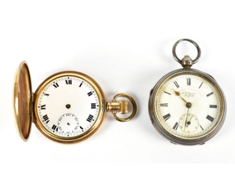 A gold plated full hunter crown wind pocket watch with white enamel dial set with Roman numerals and a silver open faced pock