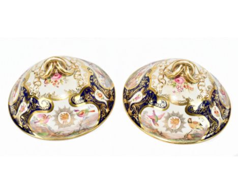 Two 19th century hand painted covers, decorated in panels with exotic birds and floral detail, with intertwined loop handles,