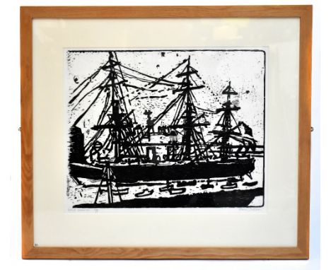 STANLEY DOBBIN (1932-2021); artist proof woodcut, “HMS Warrior”, signed and titled in pencil, 50cm x 63cm, framed and glazed.