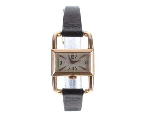 Jaeger-LeCoultre Hermes Etrier 'Luchetto' 18ct lady's wristwatch, case no. 489xxx, circa 1960s, rectangular silvered dial wit