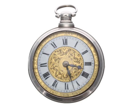 Early 19th century English 'motto dial' silver pair cased verge pocket watch, Birmingham 1825, the fusee movement signed Thos