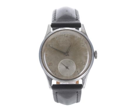 Omega stainless steel gentleman's wristwatch, ref. 6963, serial no. 11455xxx, circa 1947, tarnished silvered dial with Arabic