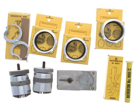 Selection of Bergeon watch tools to include two Bergeon-Vigor No. 4266 - watch crystal lifter (one lacking base plate); Berge