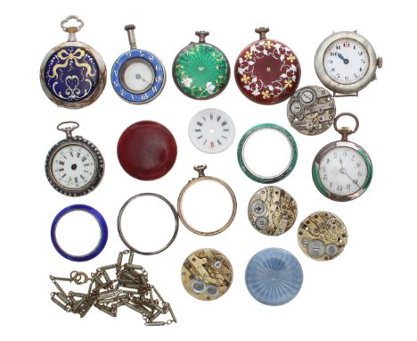 Assorted enamel fob watches for spares or repair, cases and case parts, movements etc 