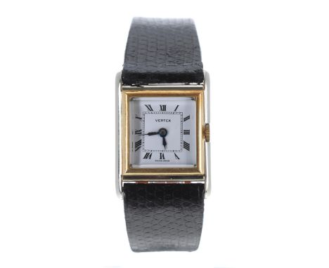 Vertex Herald 18k square cased gentleman's dress watch, square white dial with Roman numerals and inner minute track, blued s