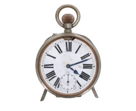 Nickel cased lever Goliath pocket watch by M M & co, frosted movement with compensated balance and regulator, the dial signed