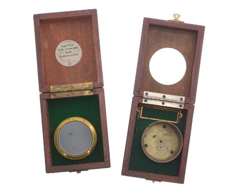 Mahogany hinged deck watch case, labelled 'Issued from H.M. Chronometer Depot, Bradford-on-Avon 20 Feb 194x', with mounted br