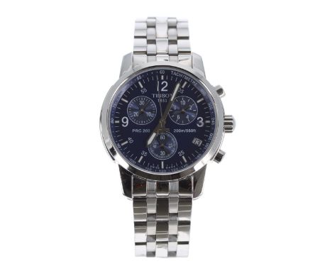 Tissot PRC200 chronograph stainless steel gentleman's bracelet watch, ref. T461, circular blue dial, screw down crown with qu