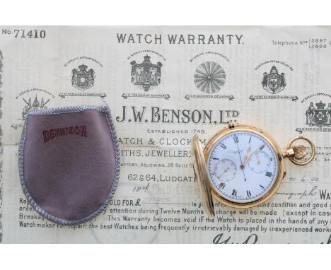 Good J.W. Benson 18ct centre seconds chronograph half hunter lever pocket watch, London 1930, the movement with compensated b